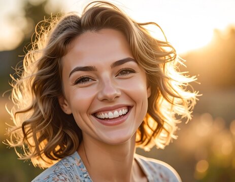 Portrait of a woman with curly hair, beaming smile, bathed in warm sunset light. The backdrop is soft field