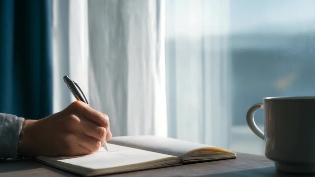Hand writes in notebook near window with soft morning light, cup coffee nearby. Serene setting evokes productivity, mindfulness, journaling, creative inspiration in cozy, tranquil workspace