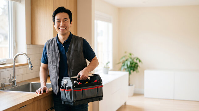 Smiling Asian handyman in work vest holding a tool bag in a modern kitchen