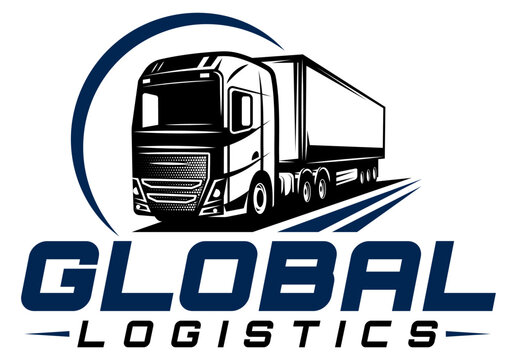 Modern Heavy-Duty Semi-Truck Logistics and Freight Transport Emblem with Stylized Swoosh Arc and Bold Typography for Global Shipping Services.