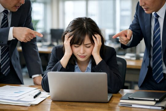 職場で上司から叱責され困惑する若い女性会社員