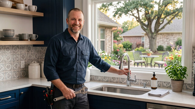 Smiling Plumber With Wrench Inspecting Kitchen Faucet Near Sink With Garden View