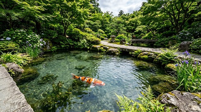 Colorful koi fish swimming in a serene japanese garden pond