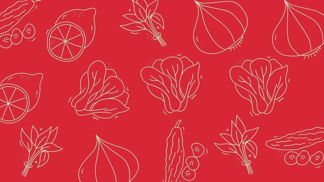 Doodle vegetable pattern suitable for kitchen decor, fabric design, or food packaging featuring lemons, onions, and greens on red.