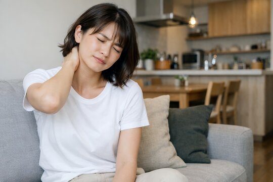 リビングのソファで首や肩の痛みに苦しむ若い日本人女性の不調