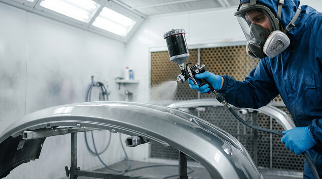 Professional auto body technician in protective gear sprays a car bumper with paint in a spray booth