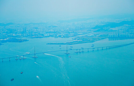 ICN airport, Incehon, South Korea, 05 06 2025: The landscape Incheon city, port, harbor, bridge, mountain and yellow sea