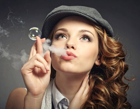 Portrait of a woman with curly hair wearing a hat, blowing smoke, and looking up at a bubble against a dark background