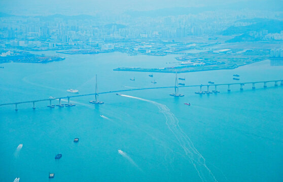 ICN airport, Incehon, South Korea, 05 06 2025: The landscape Incheon city, port, harbor, bridge, mountain and yellow sea