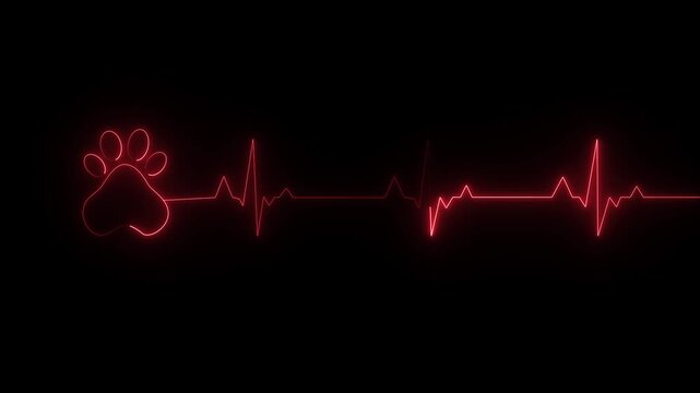 Red Neon Dog Paw Heartbeat Pulse Line on Black Background.