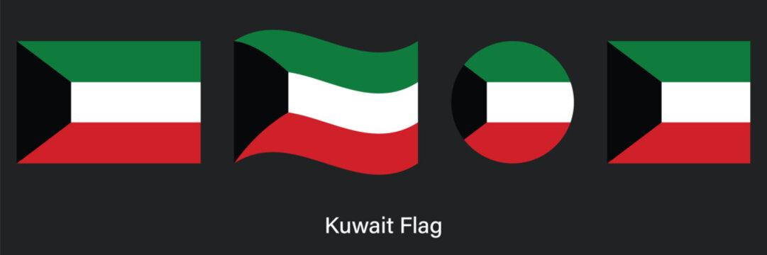 Kuwait Flag Set with Waving, Circle and Rectangle Shapes Vector Illustration