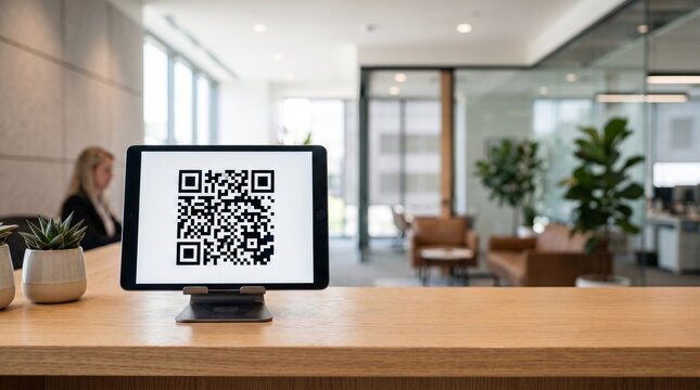 Tablet displaying QR code on a reception desk in a modern office lobby with plants and seating area