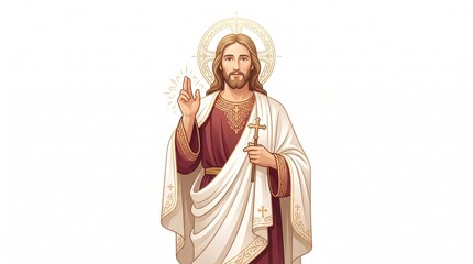 Fototapeta premium Jesus Christ Illustration: A stylized depiction of Jesus Christ, dressed in traditional robes, holding a cross and raising a hand in blessing, with a halo of light surrounding his head.