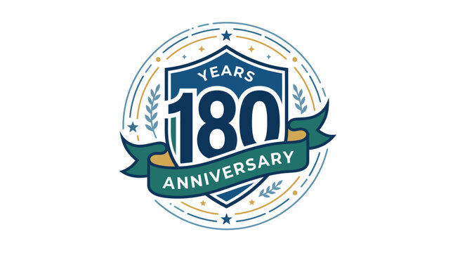 Blue and green 180th anniversary circular badge with ribbon.