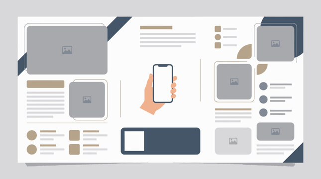 Mobile app UI layout wireframe with geometric elements.