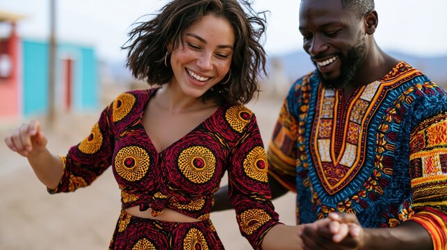 Couple dancing joyfully outdoors on park path under open sky