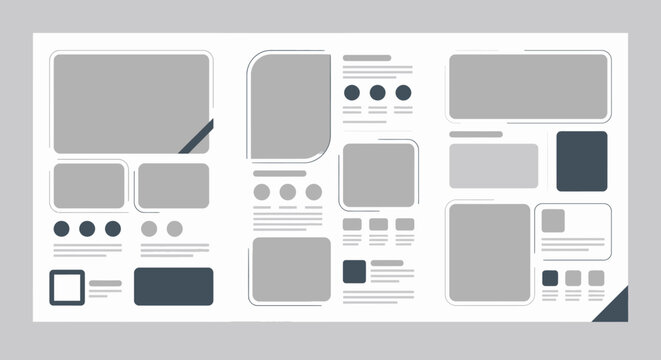 Light grey website dashboard wireframe with multiple sections.