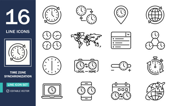 Set of 16 time and time zone related line icons vector illustration with timezone schedule calendar duration