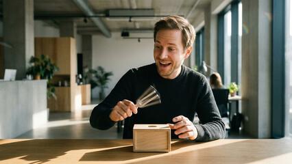 Fototapeta premium Young professional man exploring sound therapy resonance with a silver tuning fork over a wooden box in a modern office space