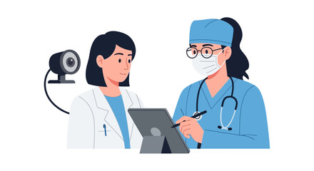 Fototapeta premium Medical Professionals Conducting Online Consultation Using Digital Tablet and Webcam, Telemedicine and Digital Healthcare Concept Illustration