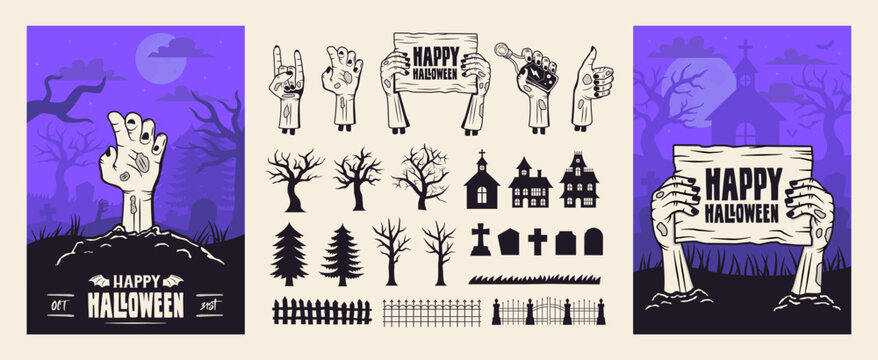 Halloween poster and design elements set with zombie hands, haunted houses, dead trees, graves and fences. Halloween icons. Template for Halloween banners and invitations, flyers. Vector illustration.