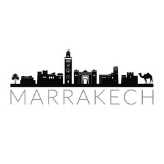 Obraz premium Marrakech Skyline Silhouette With Palm Trees And Camel Black On White