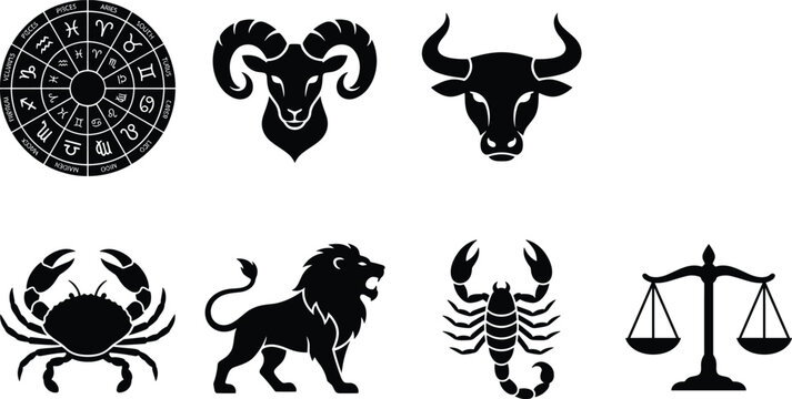 Zodiac Sign Icon Set - Aries, Taurus, Cancer, Leo, Scorpio, Libra Vector Icons