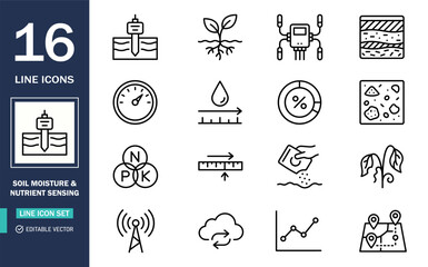 Fototapeta premium Soil moisture and nutrient sensing line icon set for smart agriculture with moisture nutrient agriculture irrigation