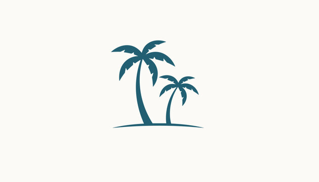 Minimalist blue logo design of two palm trees on a white background representing summer, tropical vacation, and beach resort.