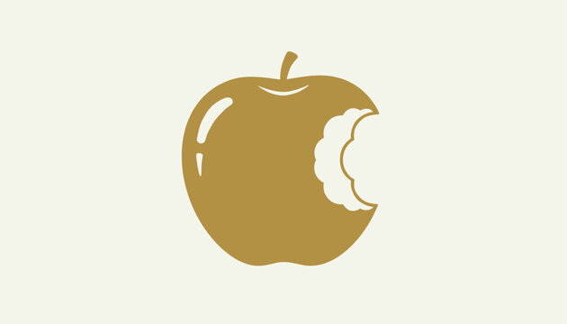 Gold silhouette of a bitten apple icon on white background representing healthy eating, snack, or wisdom.