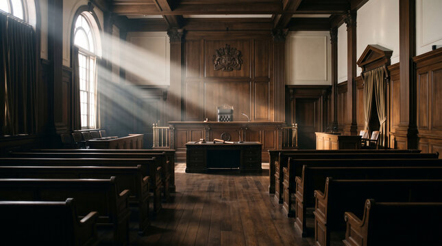 Courtroom Majesty: Sunlight streams through the window of an empty courtroom, illuminating the wooden benches and witness stand, creating an atmosphere of solemnity and justice.