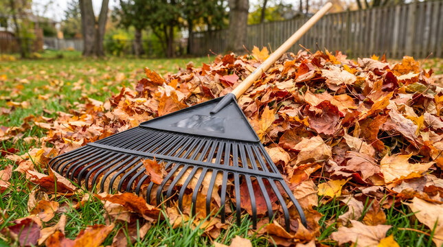 A black plastic garden rake resting on a large pile of fallen autumn leaves in a backyard