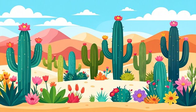 Colorful oil pumpjacks in vibrant desert landscape with wildflowers.