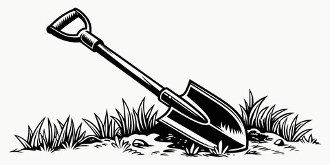 Black gardening shovel silhouette with grassy soil background © Akshay