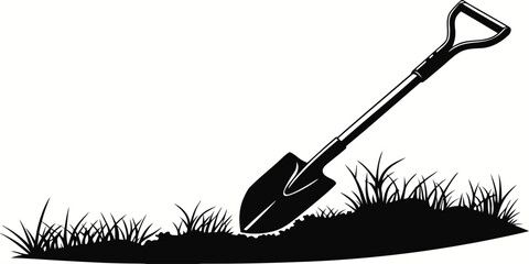 Black gardening shovel silhouette on white background, gardening tool © Akshay