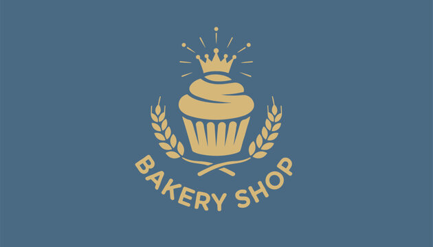 Bakery shop logo template featuring a golden cupcake with a royal crown and wheat ears on a solid blue background.