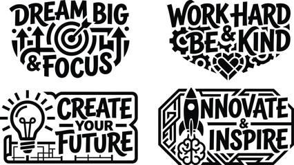 Obraz premium Inspirational lettering quotes set, motivational typography badges with business icons, black and white vector slogans for t-shirt design and posters