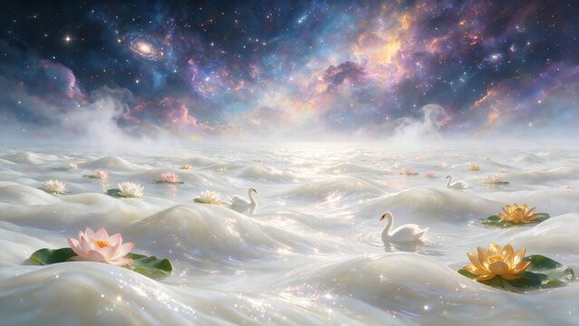 Majestic Cosmic Ksheer Sagar Ocean of Milk with Lotus Flowers and Swans Under a Celestial Sky
