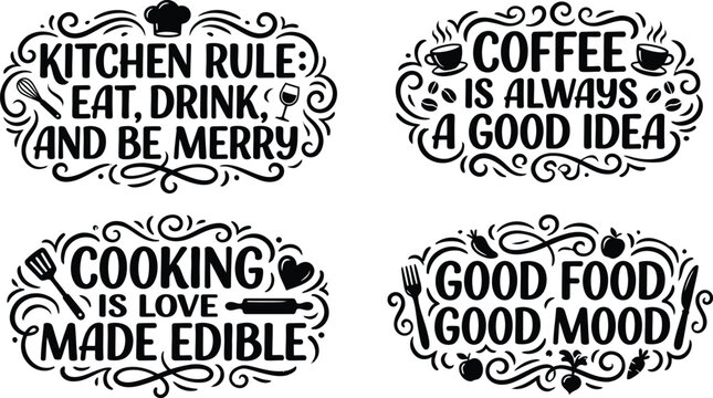 Vintage kitchen quotes vector set, rustic cooking typography labels with swirls, coffee and food lettering signs for cafe wall art decor