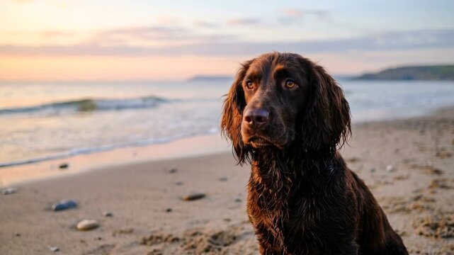 field spaniel at english coast beach close up morning light video