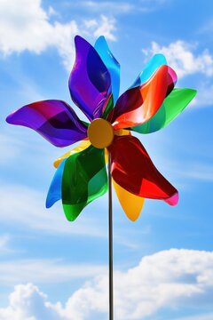 Colorful pinwheel spinning against a bright blue sky with clouds