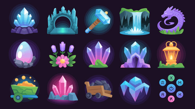 Fantasy game assets with crystals and magic portal and dragon egg and mining cart and ancient runes.
