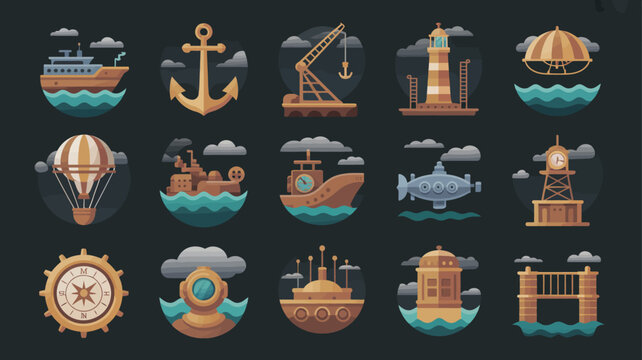 Set of nautical and steampunk-inspired elements including ships, anchor, lighthouse, hot air balloon.