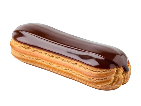 Fresh chocolate eclair pastry with sweet cream filling isolated on transparent background