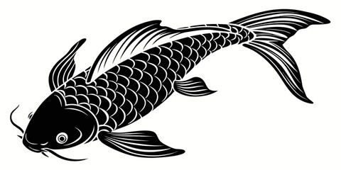 Black koi fish swimming, isolated on white background, fins koi fish silhouette black fish © Akshay