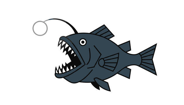 Deep sea anglerfish illustration with a glowing lure and sharp pointed teeth swimming on a clean white background.