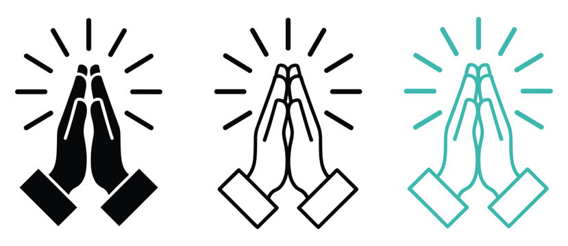 Three praying hands with radiating light lines in black, black outline, and teal outline on white background