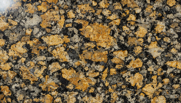 Close-up texture of yellow and black granite stone slab with coarse mineral grains and crystalline patterns for interior wall cladding
