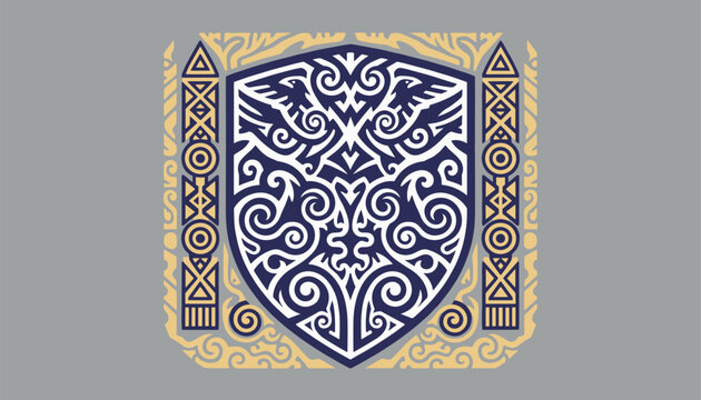 Decorative tribal shield illustration featuring symmetrical bird motifs and traditional patterns on a grey background.