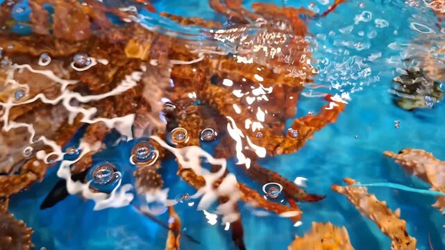 Large king crabs submerge in clear blue water with visible air bubbles in a tank. Seafood market, live shellfish, fresh ingredients.